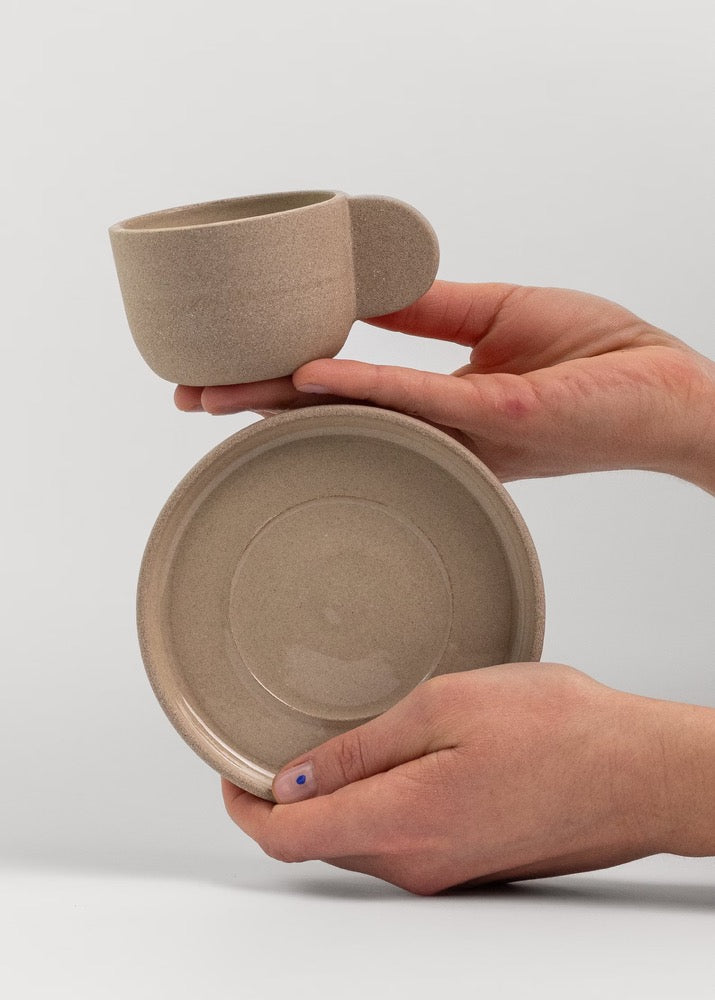 Minimalist stoneware 3oz 4oz espresso cup with saucer, Light brown ceramic coffee cup, Beige tumbler, Scandinavian Handmade Handle mug