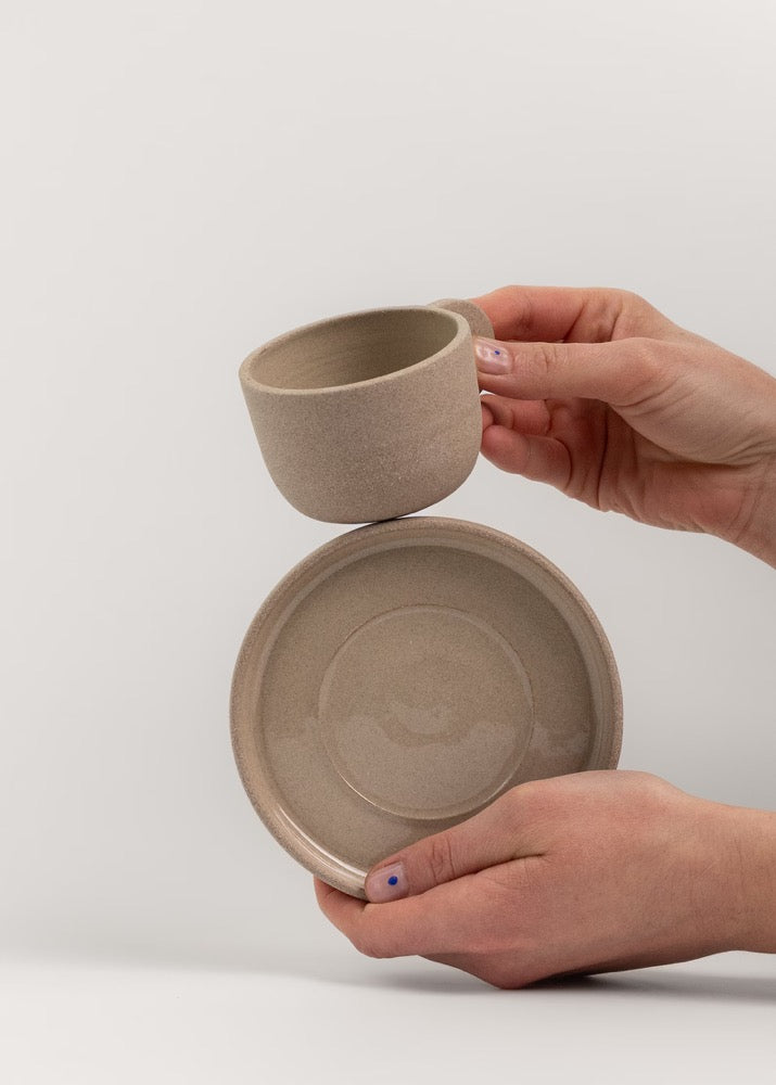 Minimalist stoneware 3oz 4oz espresso cup with saucer, Light brown ceramic coffee cup, Beige tumbler, Scandinavian Handmade Handle mug