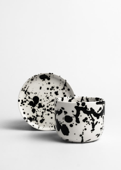 Handmade ceramic coffee cup, Black & White Modern ceramic cup set, No handle mug with black splashes, Splattered cup, Ceramic tumbler