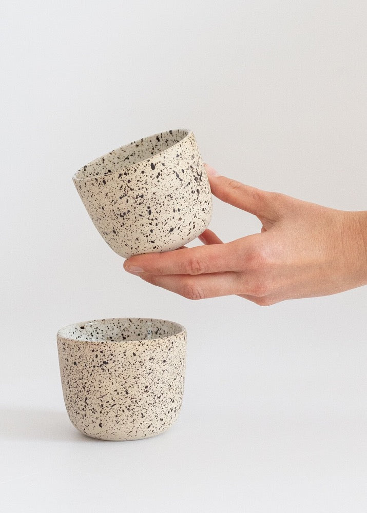 Stoneware ceramic coffee cup - 4, 6, 8.5 oz, 120-250 ml, Black beige coffee cup set, No handle handmade mug, Minimal nordic style tumbler