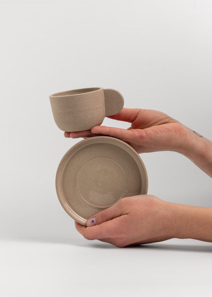 Minimalist stoneware 3oz 4oz espresso cup with saucer, Light brown ceramic coffee cup, Beige tumbler, Scandinavian Handmade Handle mug
